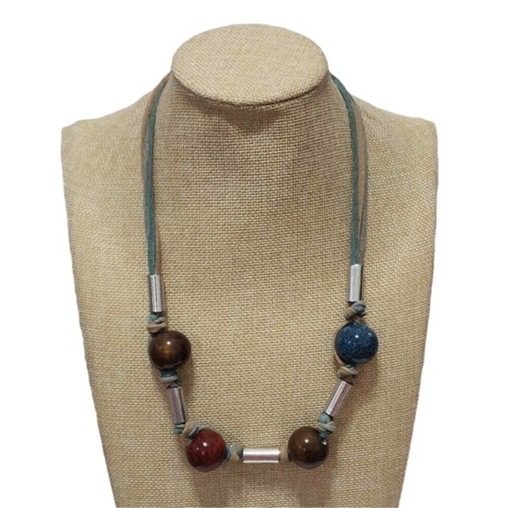 Treska  Leather Cord Ceramic Bead Necklace Silver Tone Boho Teal Brown‎